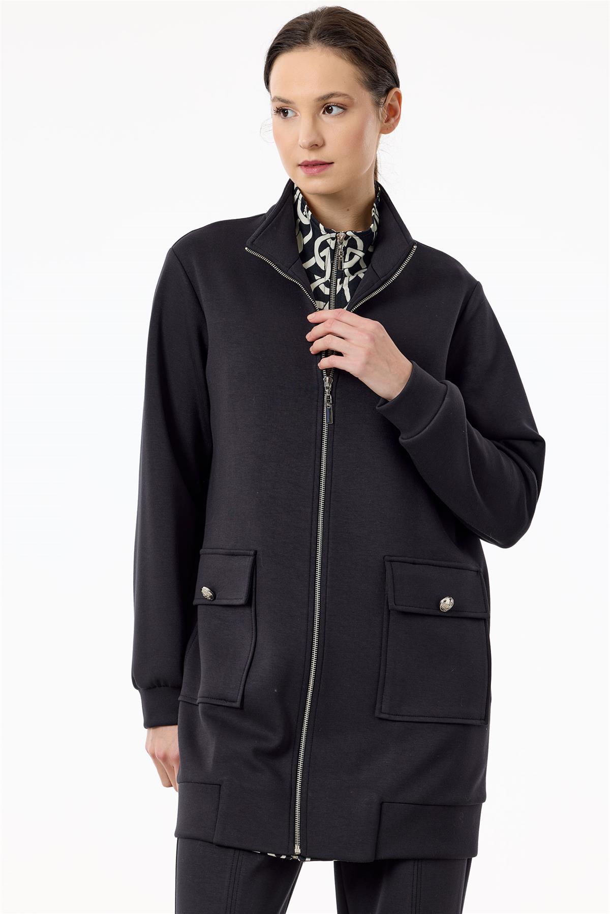 Fermuar Detaylı Emprime Kombinli Pantolonlu Takım SİYAH