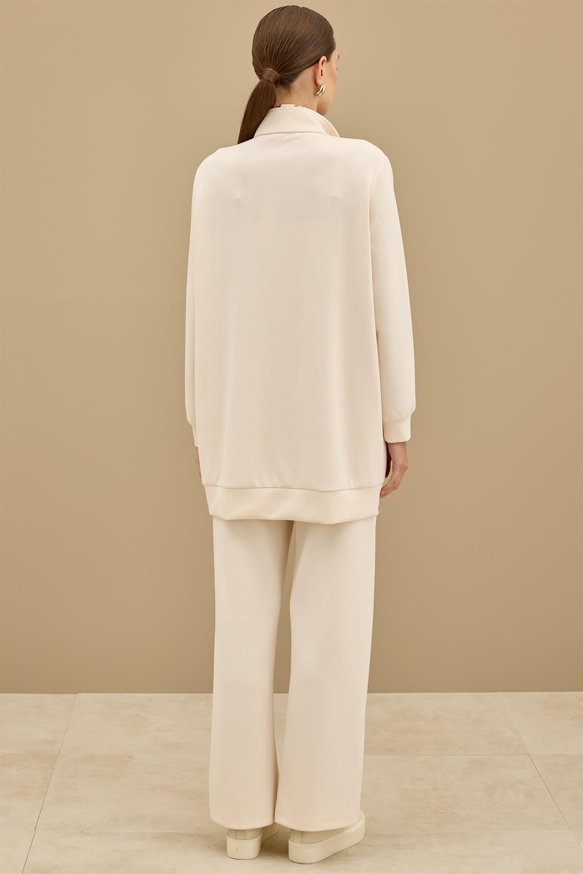 Fermuar Detaylı Emprime Kombinli Pantolonlu Takım BEJ