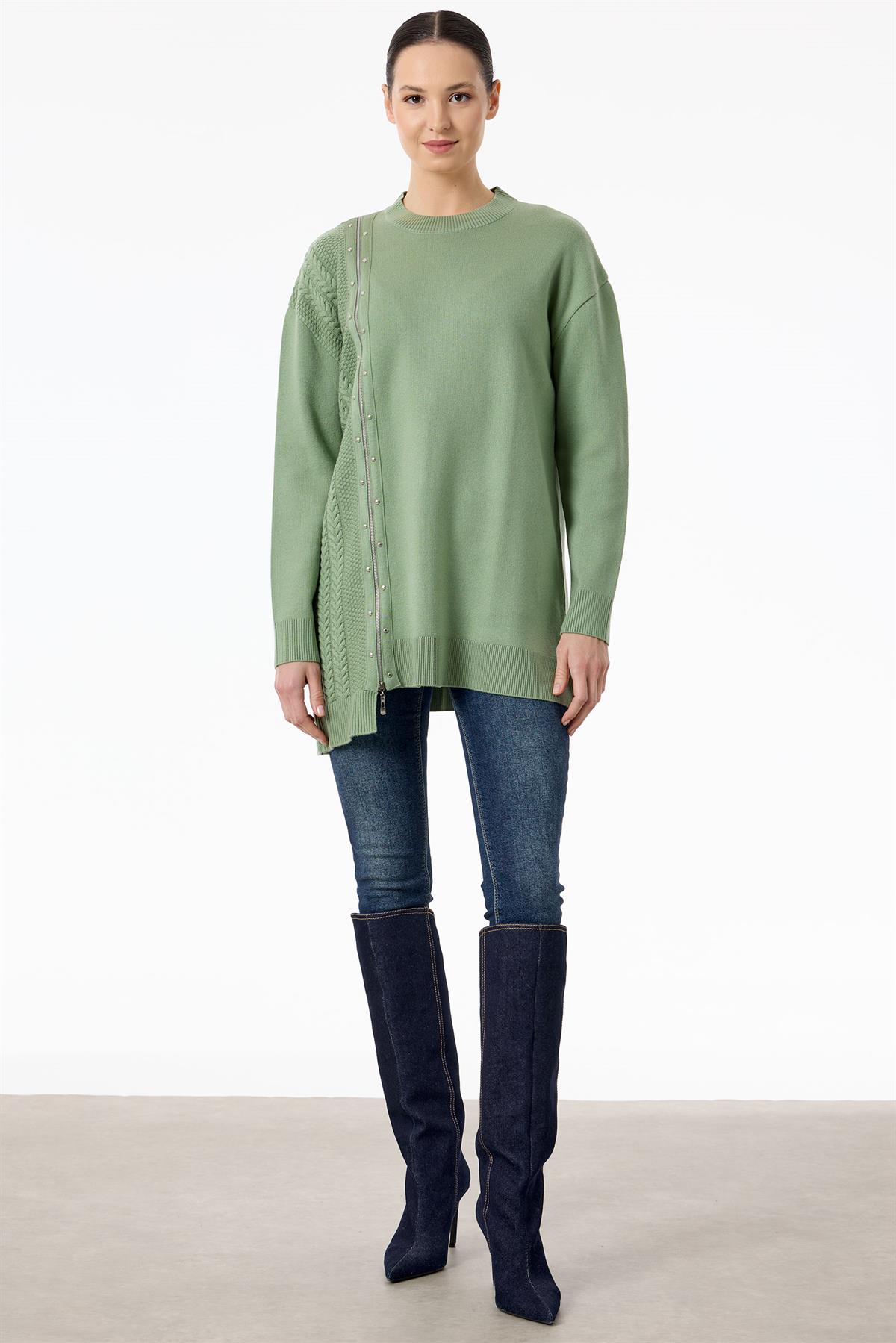 Fermuar Detaylı Triko Tunik ÇAĞLA YEŞİL