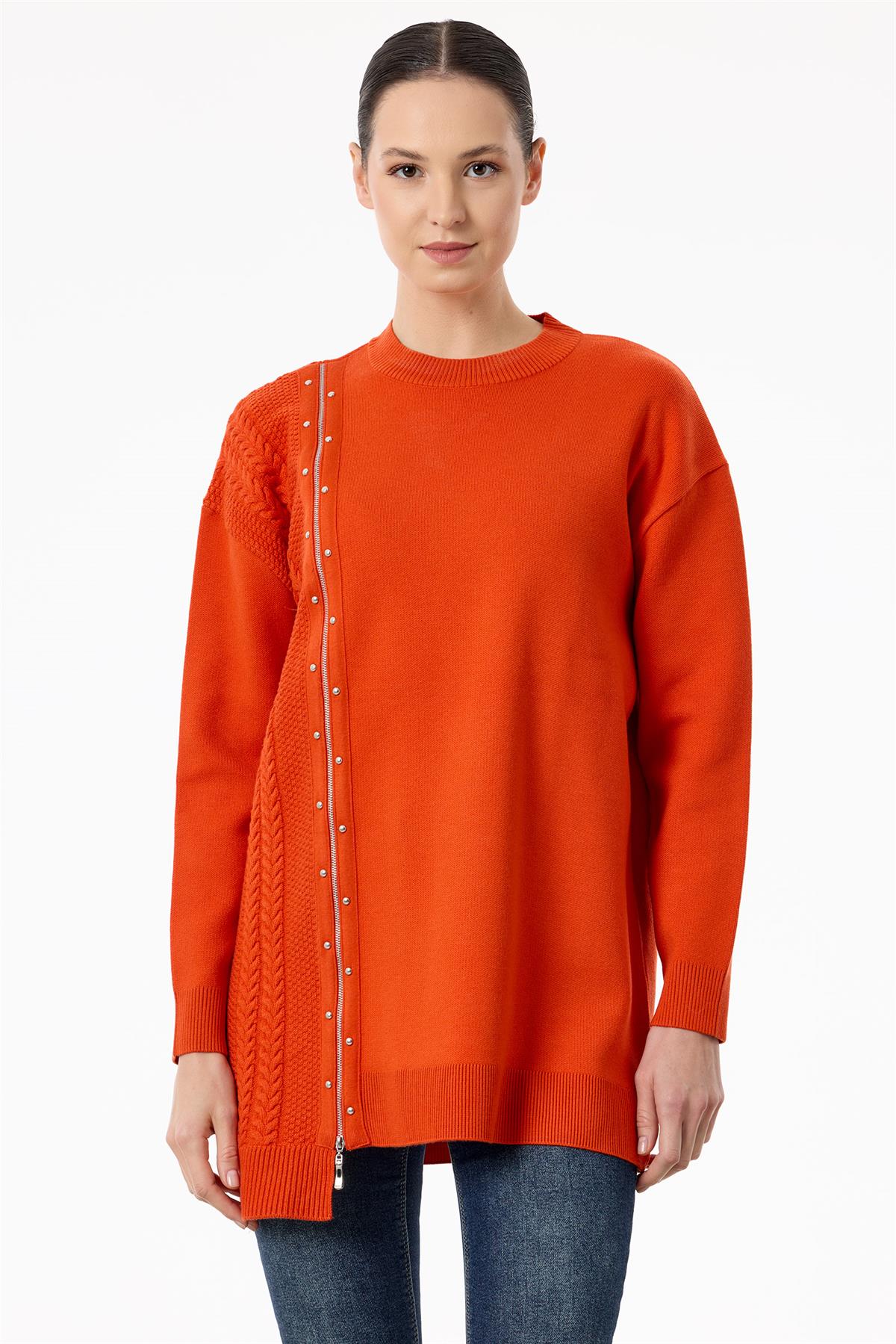 Fermuar Detaylı Triko Tunik ORANJ