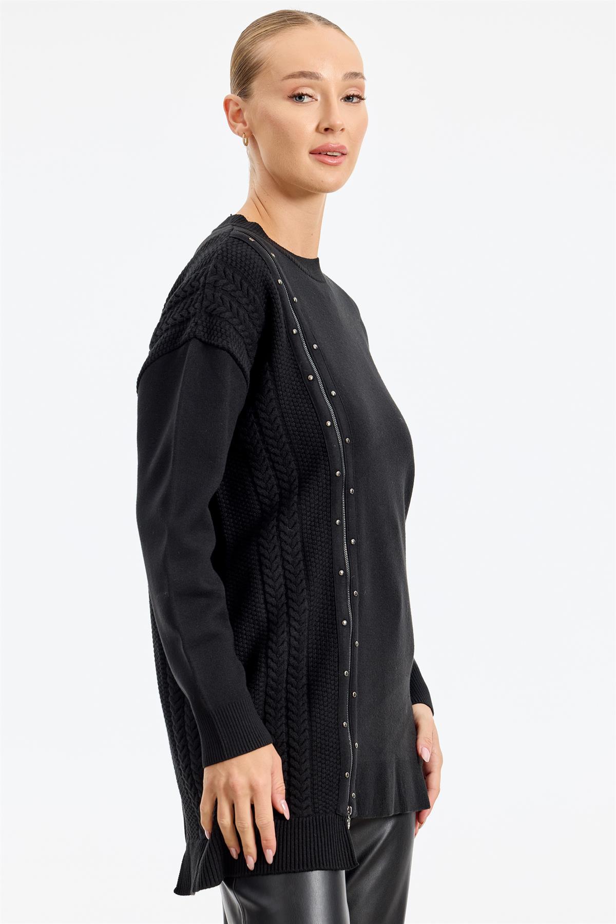 Fermuar Detaylı Triko Tunik SİYAH