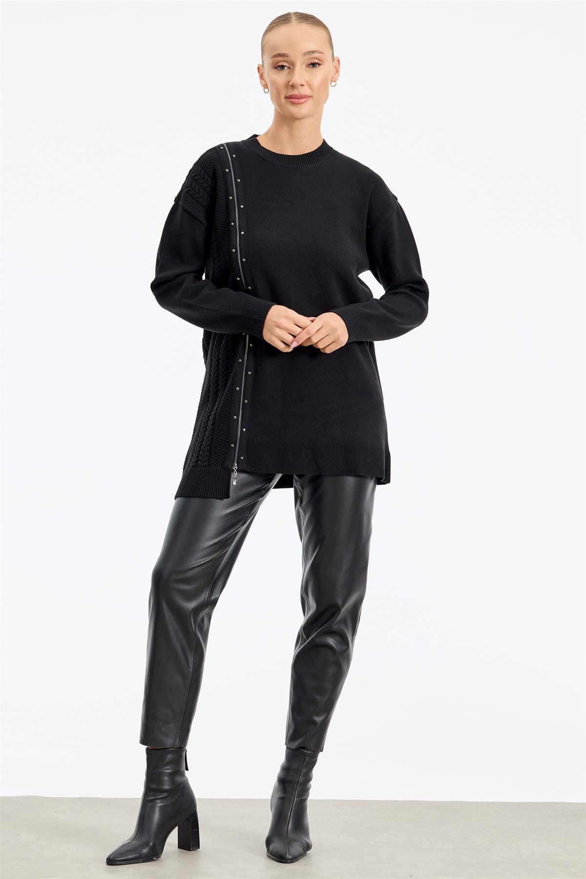 Fermuar Detaylı Triko Tunik SİYAH