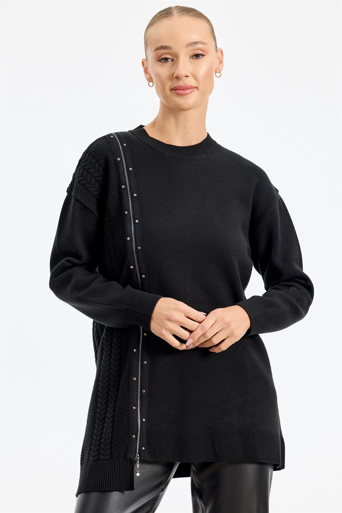 Fermuar Detaylı Triko Tunik SİYAH