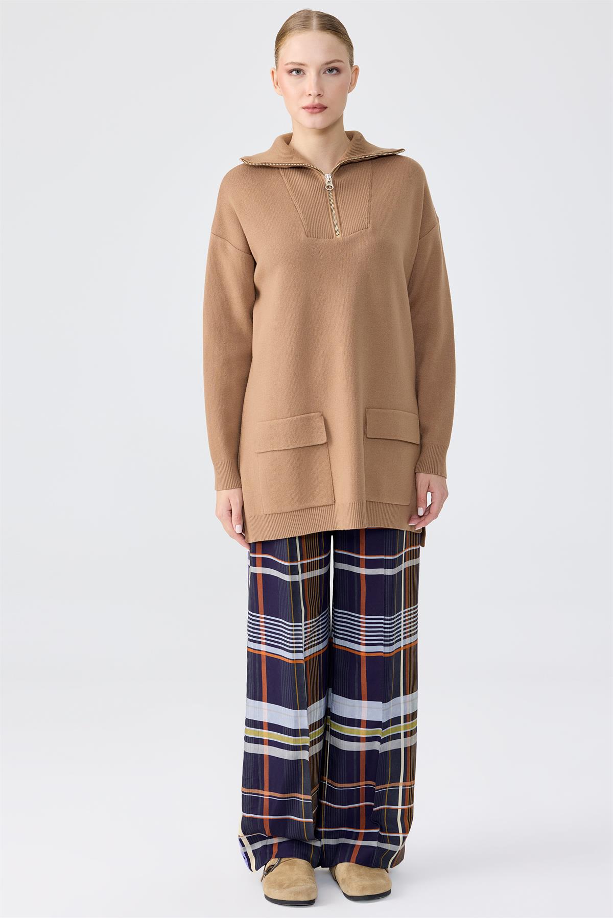 Fermuarlı Dik Yaka Triko Tunik CAMEL