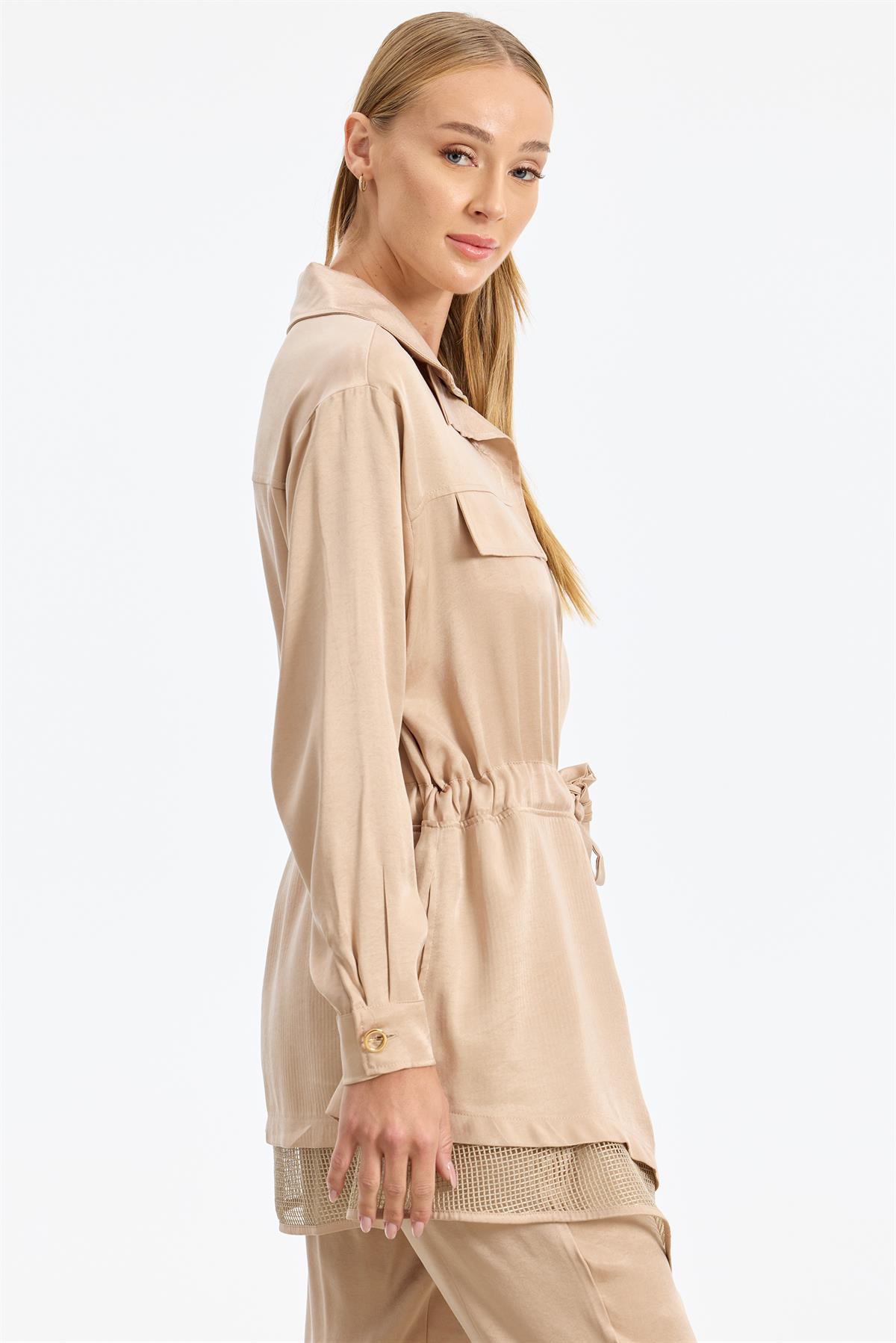 File Detaylı Ceket Pantolon Takım BEJ