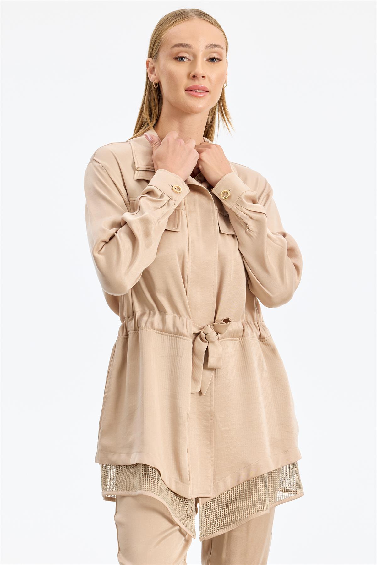 File Detaylı Ceket Pantolon Takım BEJ