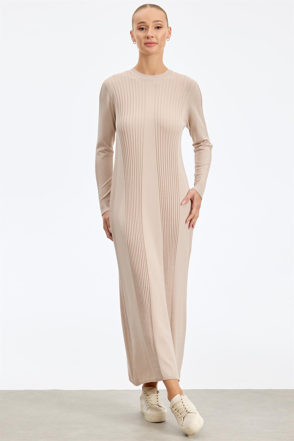 Fitil Detaylı Rayon Elbise BEJ