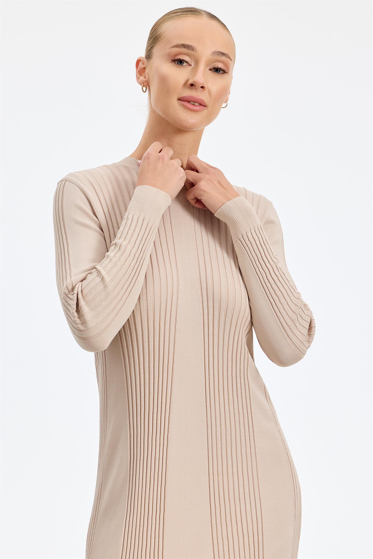 Fitil Detaylı Rayon Elbise BEJ