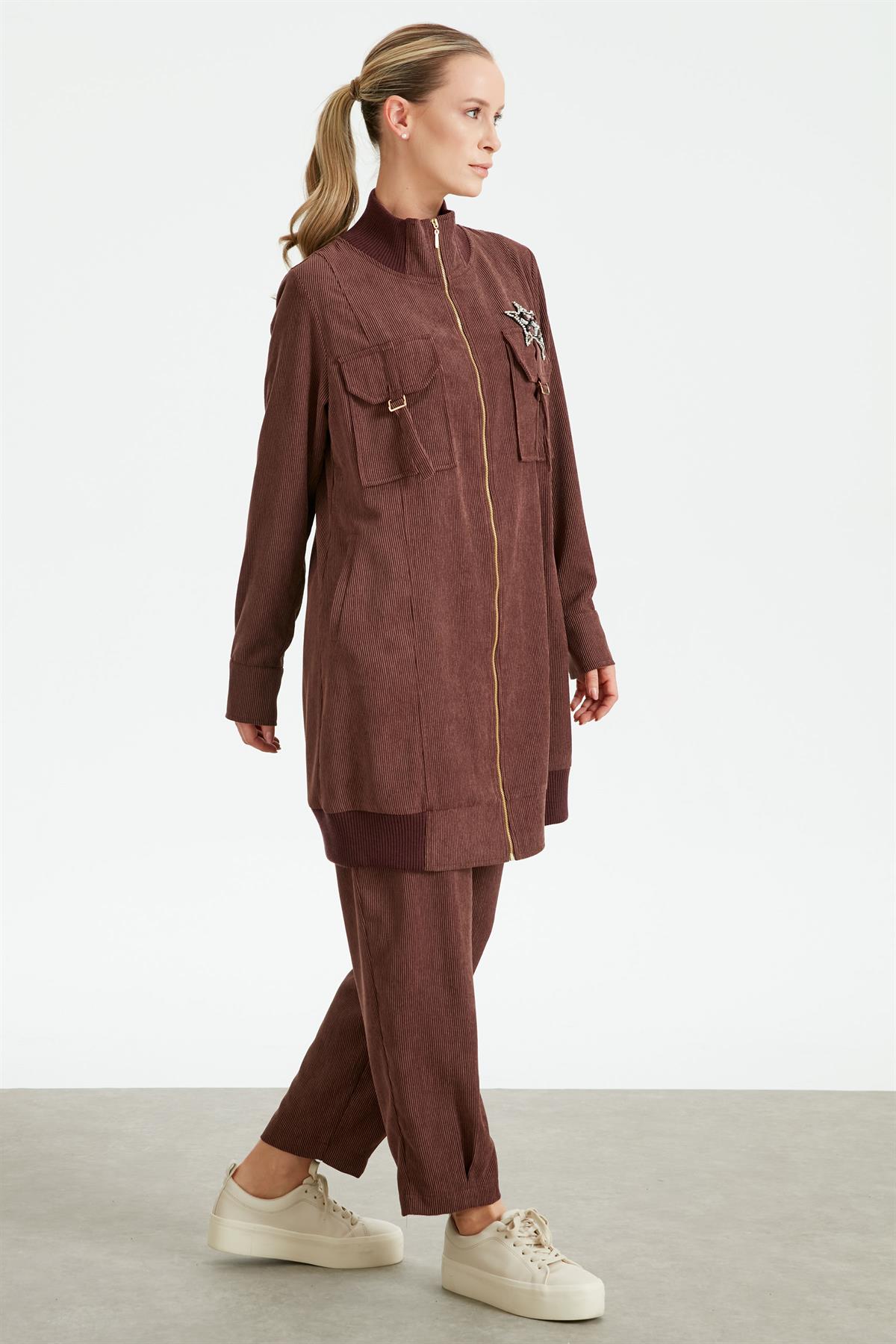 Fitilli Kadife Cepli Dokuma Tunik Pantolon Takım KAHVE