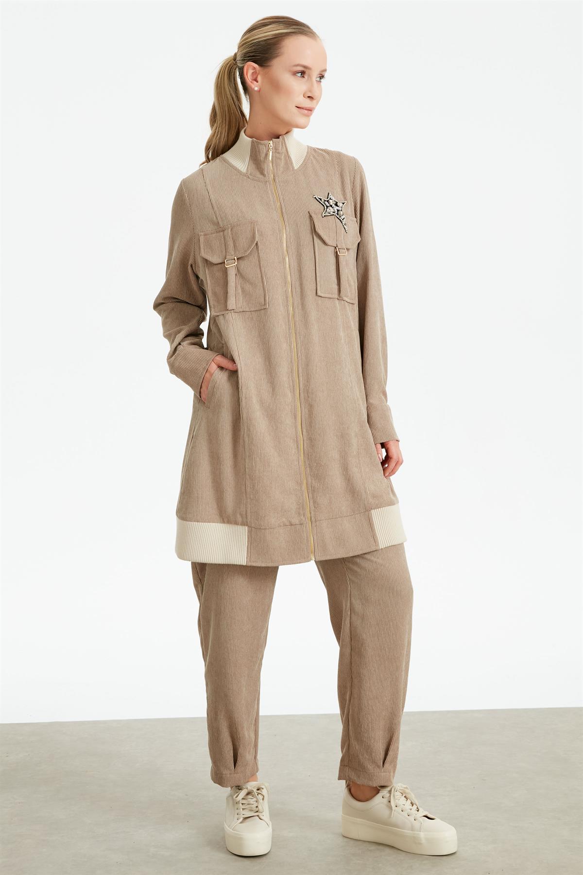Fitilli Kadife Cepli Dokuma Tunik Pantolon Takım BEJ