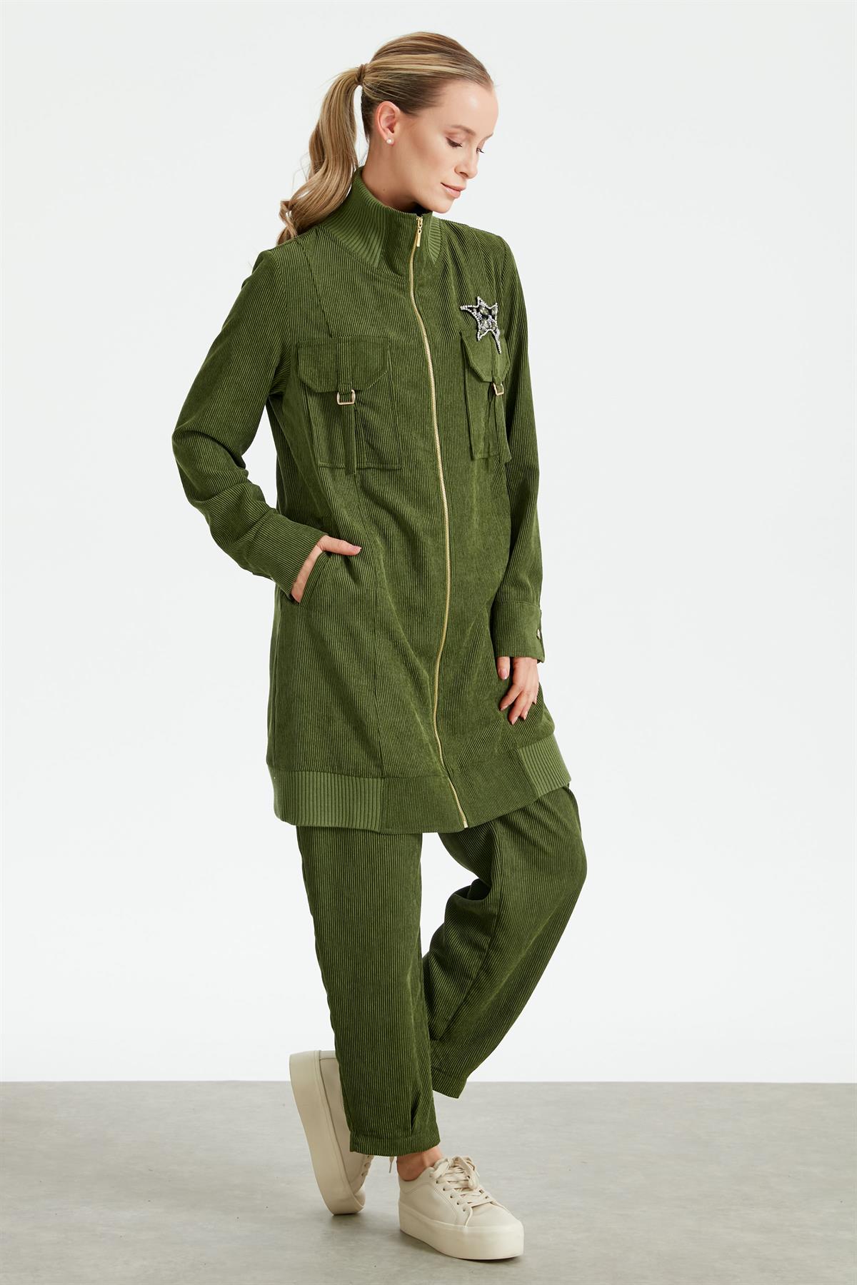 Fitilli Kadife Cepli Dokuma Tunik Pantolon Takım HAKİ