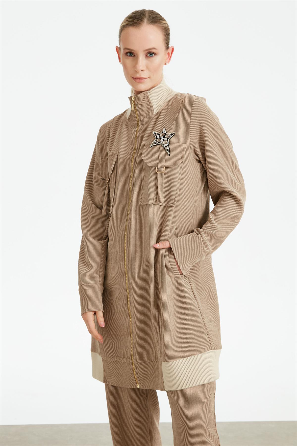 Fitilli Kadife Cepli Dokuma Tunik Pantolon Takım BEJ