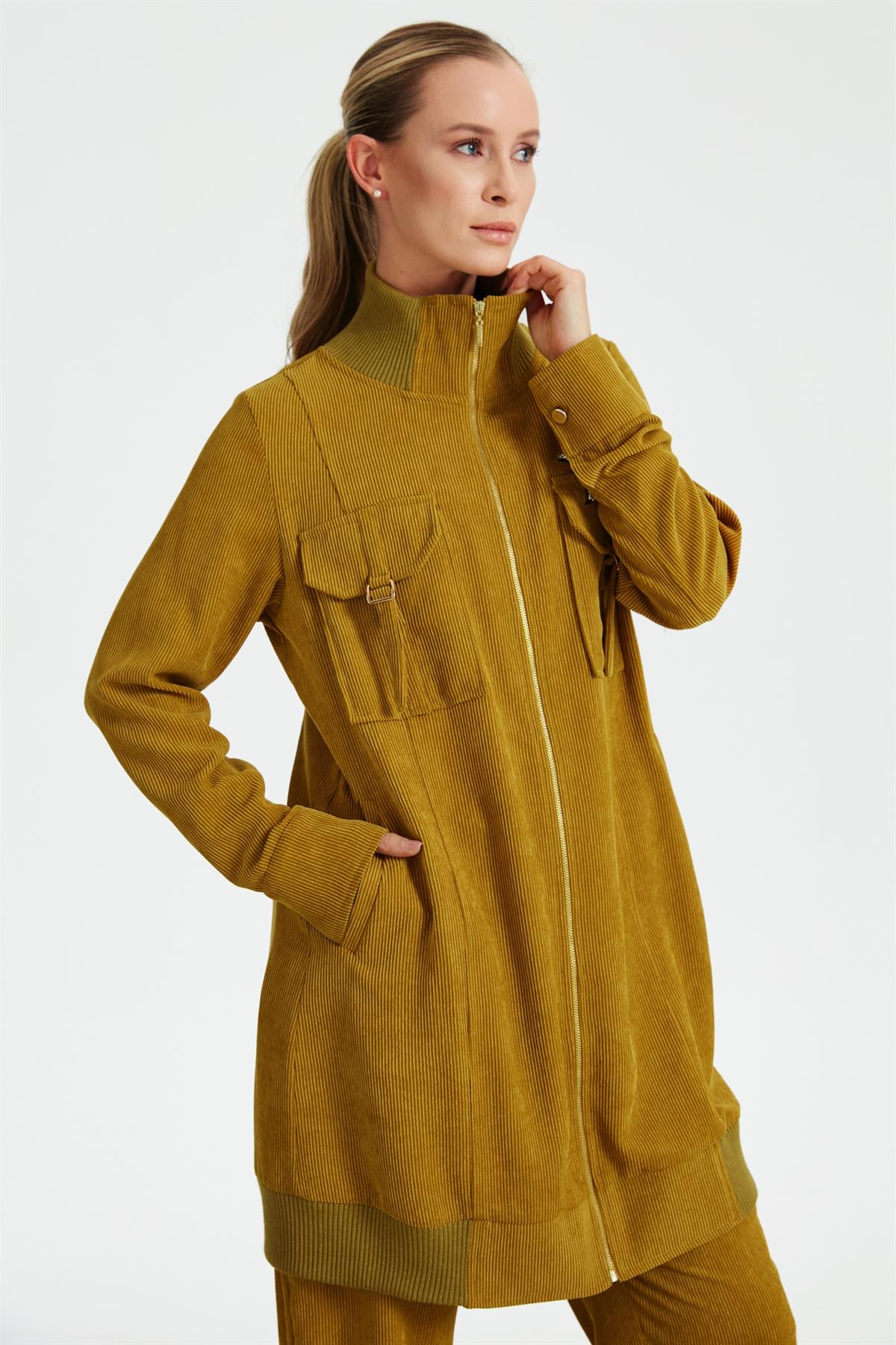 Fitilli Kadife Cepli Dokuma Tunik Pantolon Takım SAFRAN