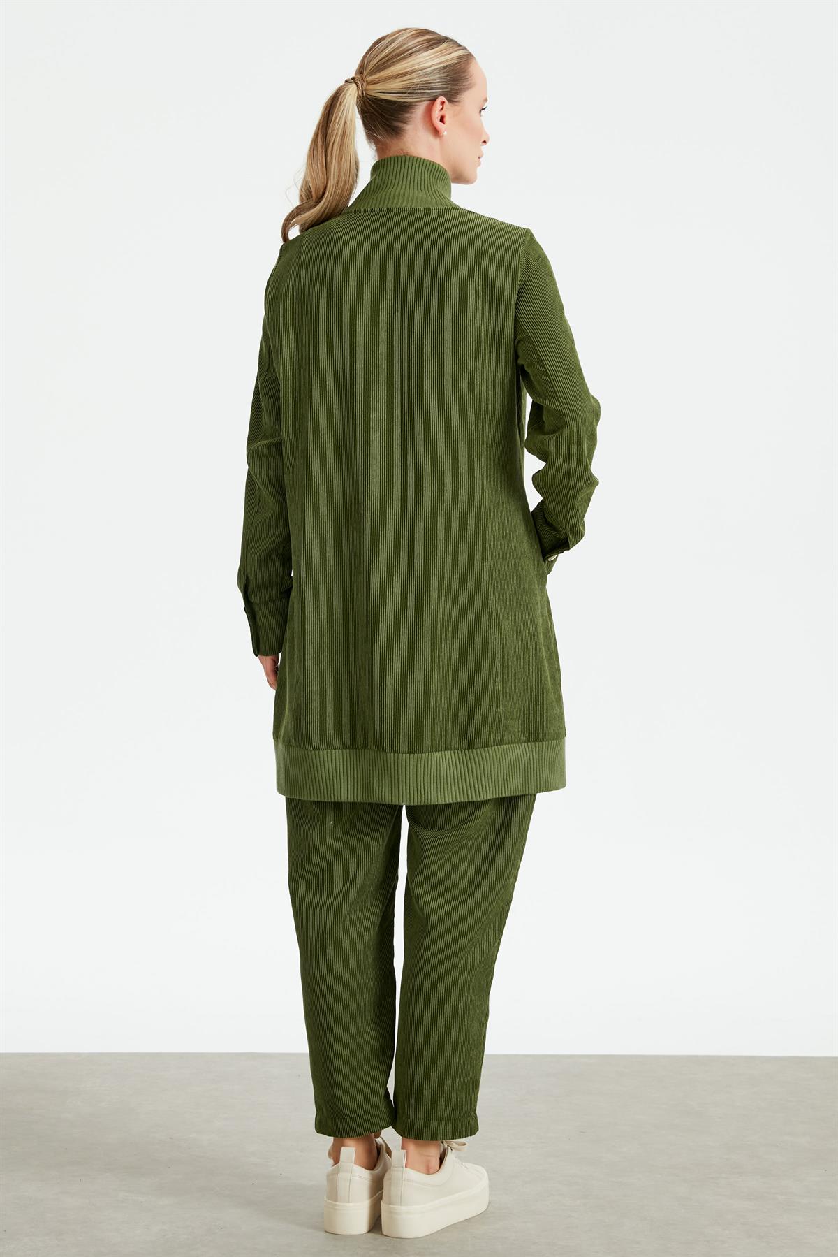 Fitilli Kadife Cepli Dokuma Tunik Pantolon Takım HAKİ