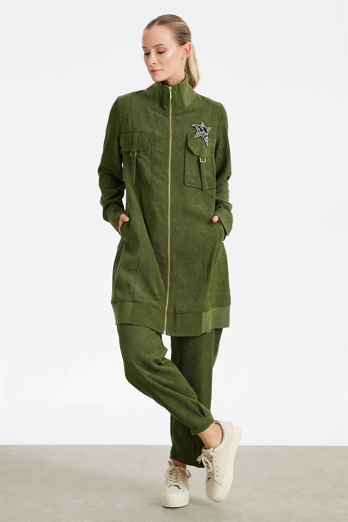 Fitilli Kadife Cepli Dokuma Tunik Pantolon Takım HAKİ