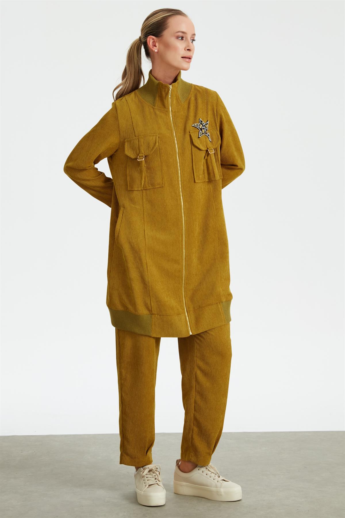 Fitilli Kadife Cepli Dokuma Tunik Pantolon Takım SAFRAN