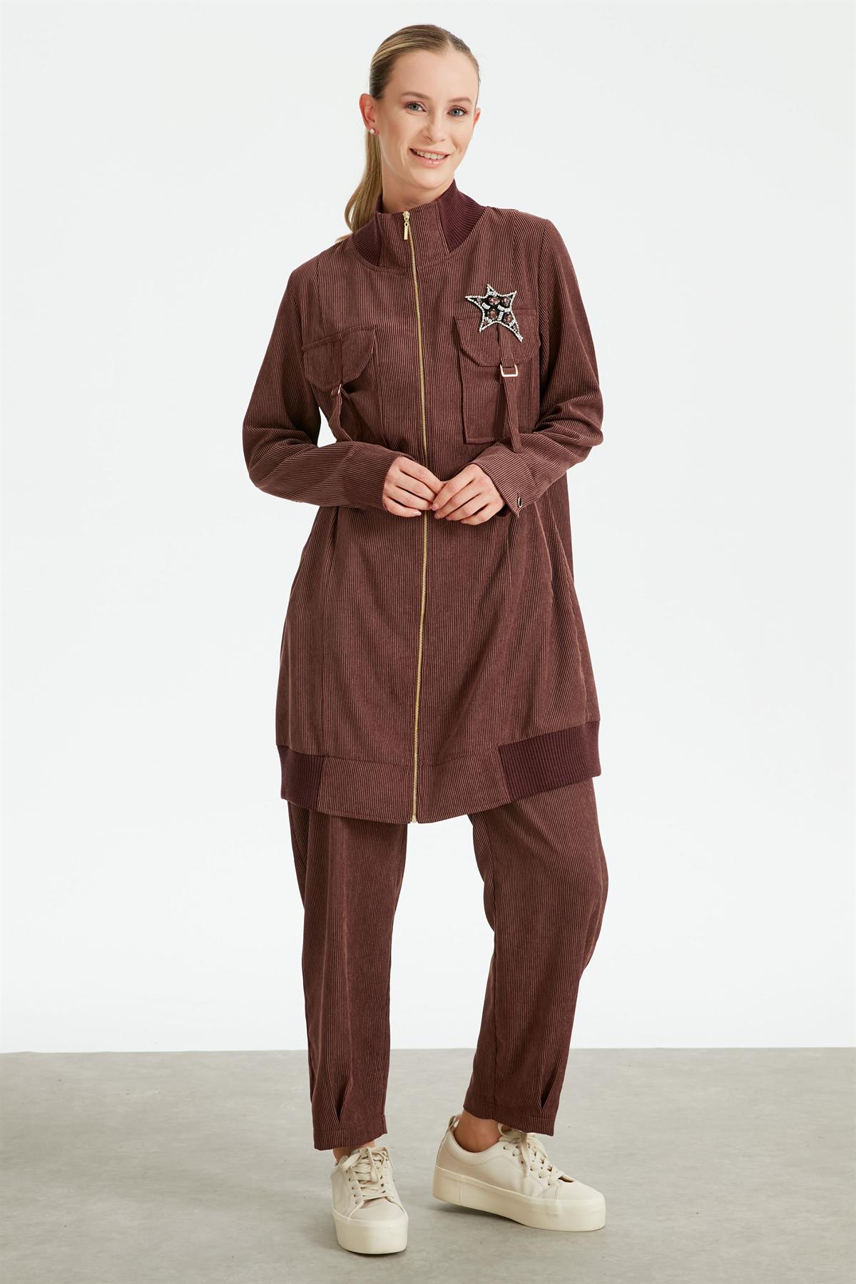 Fitilli Kadife Cepli Dokuma Tunik Pantolon Takım KAHVE