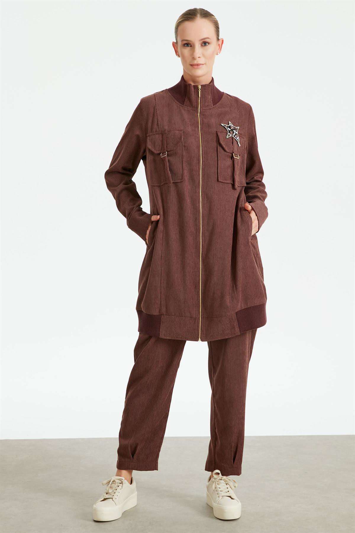 Fitilli Kadife Cepli Dokuma Tunik Pantolon Takım KAHVE