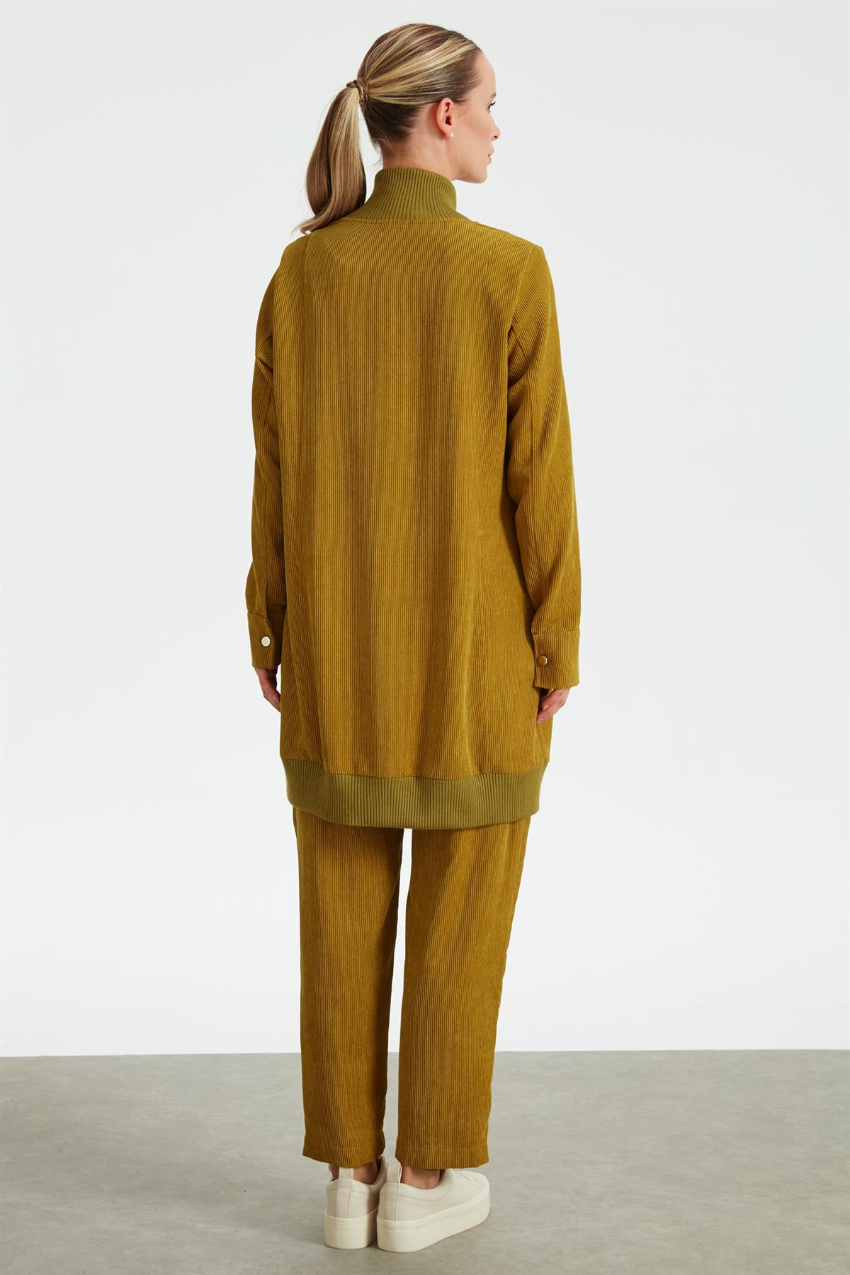 Fitilli Kadife Cepli Dokuma Tunik Pantolon Takım SAFRAN