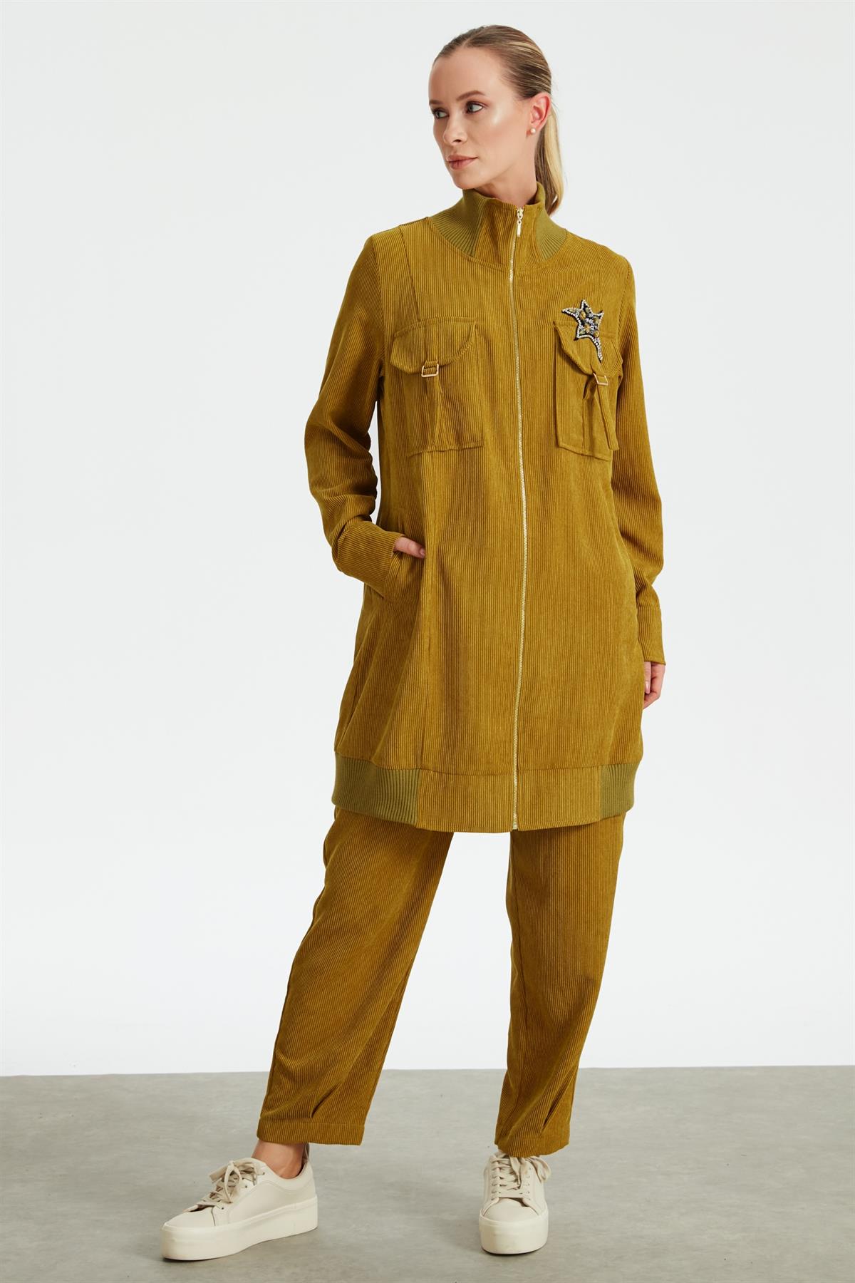 Fitilli Kadife Cepli Dokuma Tunik Pantolon Takım SAFRAN