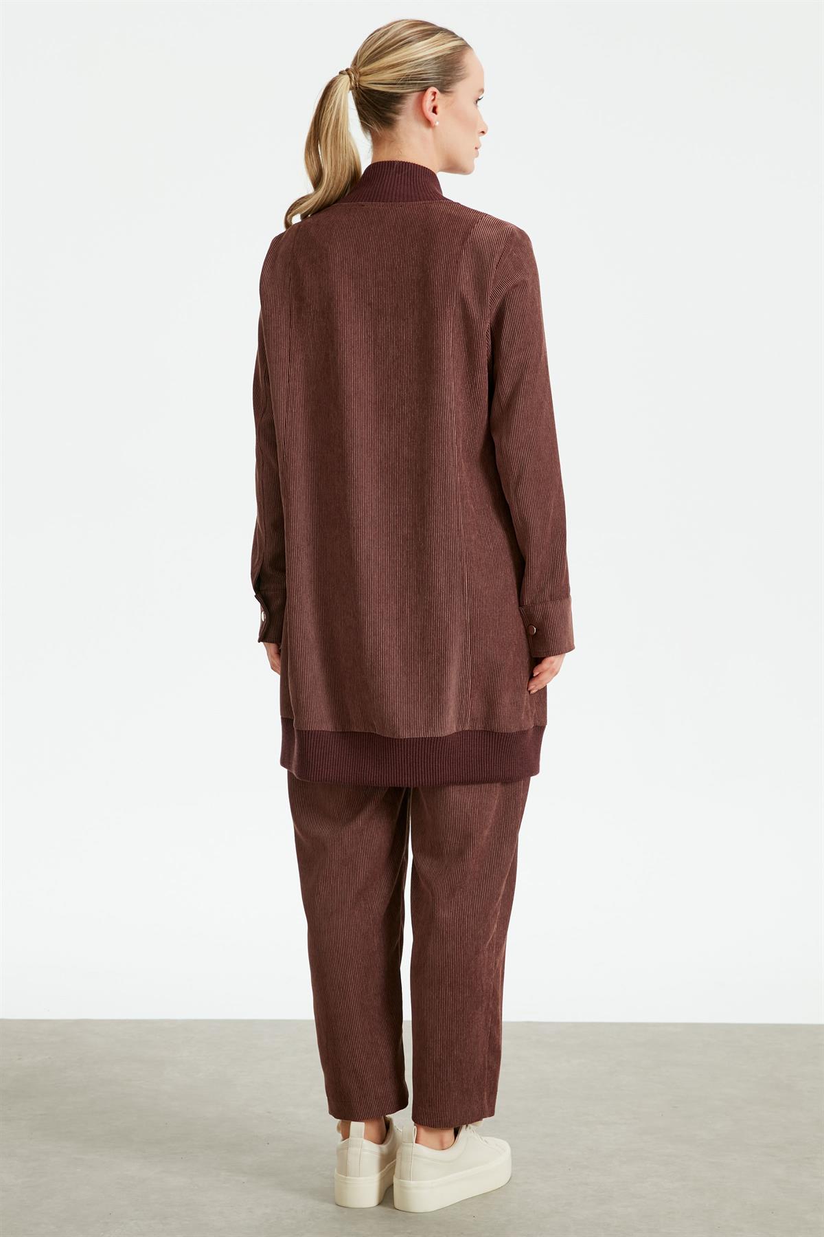 Fitilli Kadife Cepli Dokuma Tunik Pantolon Takım KAHVE