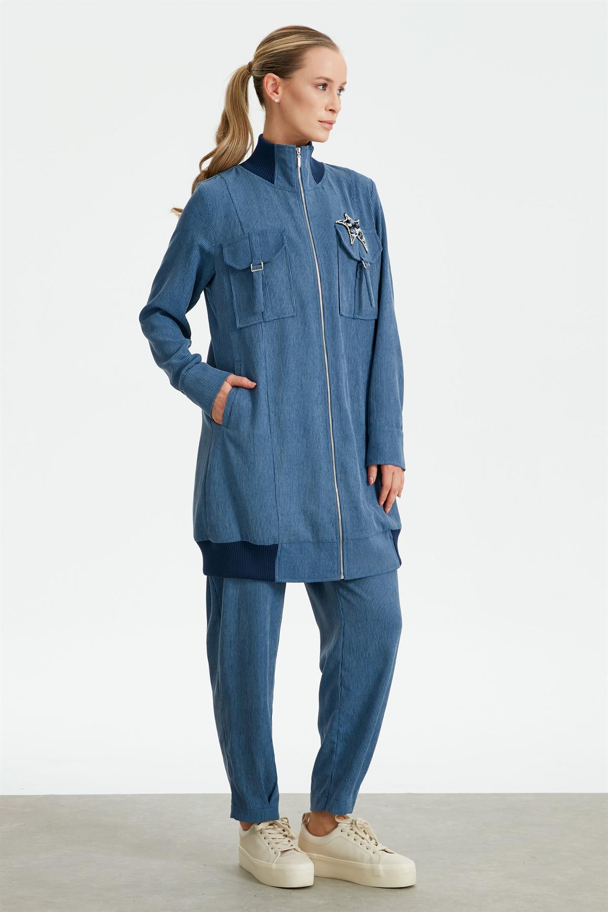 Fitilli Kadife Cepli Dokuma Tunik Pantolon Takım İNDİGO