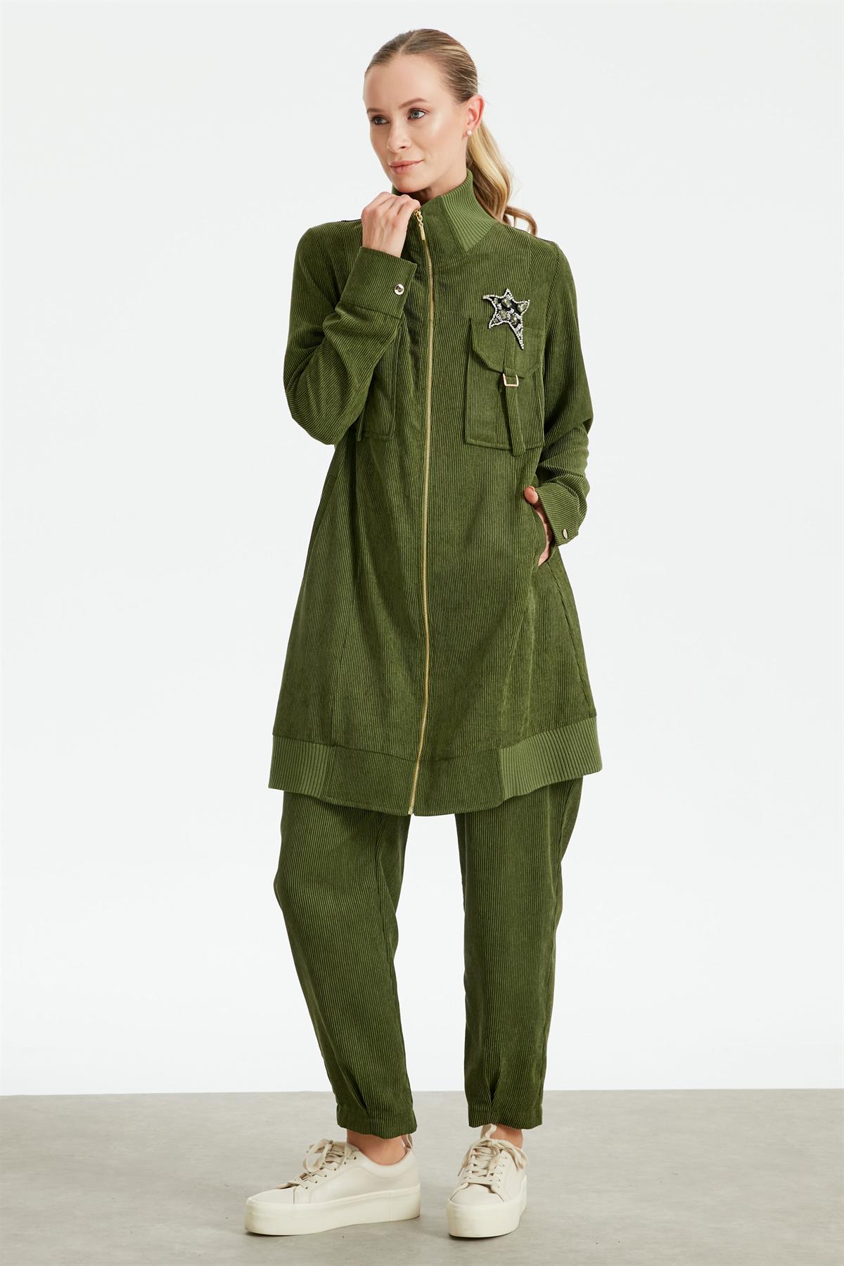 Fitilli Kadife Cepli Dokuma Tunik Pantolon Takım HAKİ