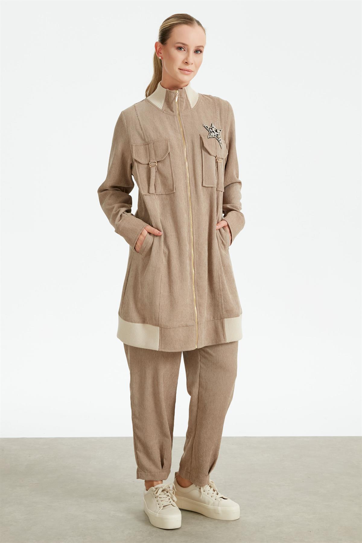 Fitilli Kadife Cepli Dokuma Tunik Pantolon Takım BEJ