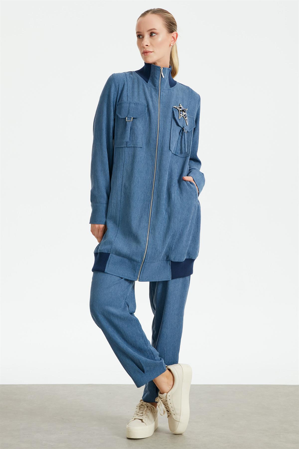 Fitilli Kadife Cepli Dokuma Tunik Pantolon Takım İNDİGO