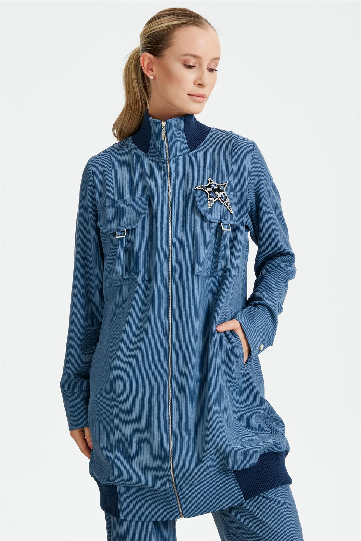 Fitilli Kadife Cepli Dokuma Tunik Pantolon Takım İNDİGO