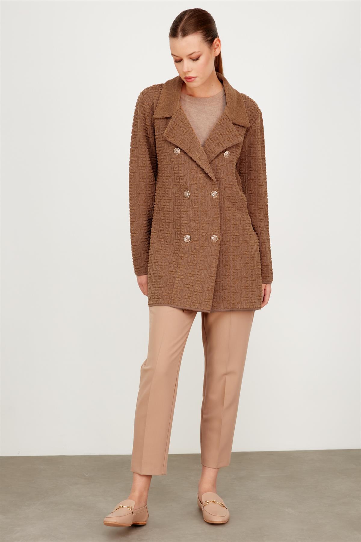 Havlu Örgülü Kruvaze Rayon Triko Hırka CAMEL