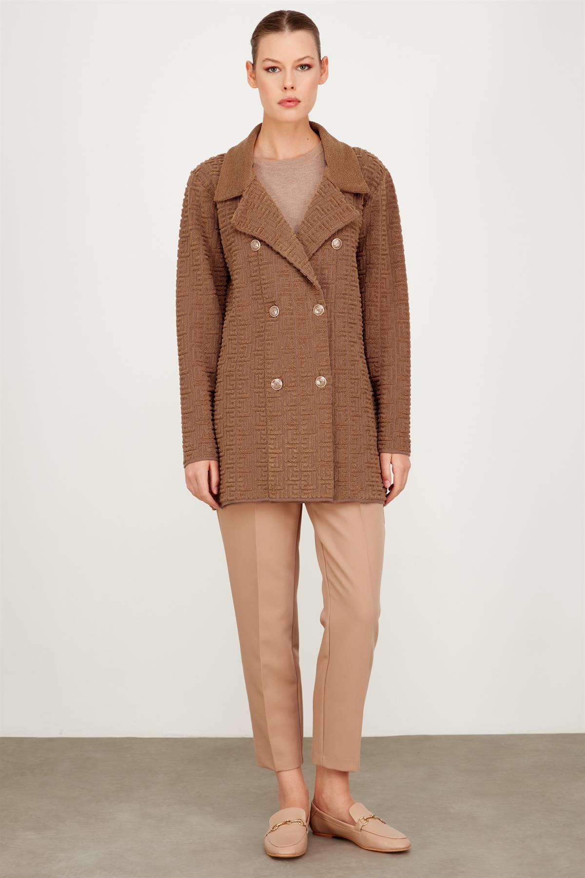 Havlu Örgülü Kruvaze Rayon Triko Hırka CAMEL