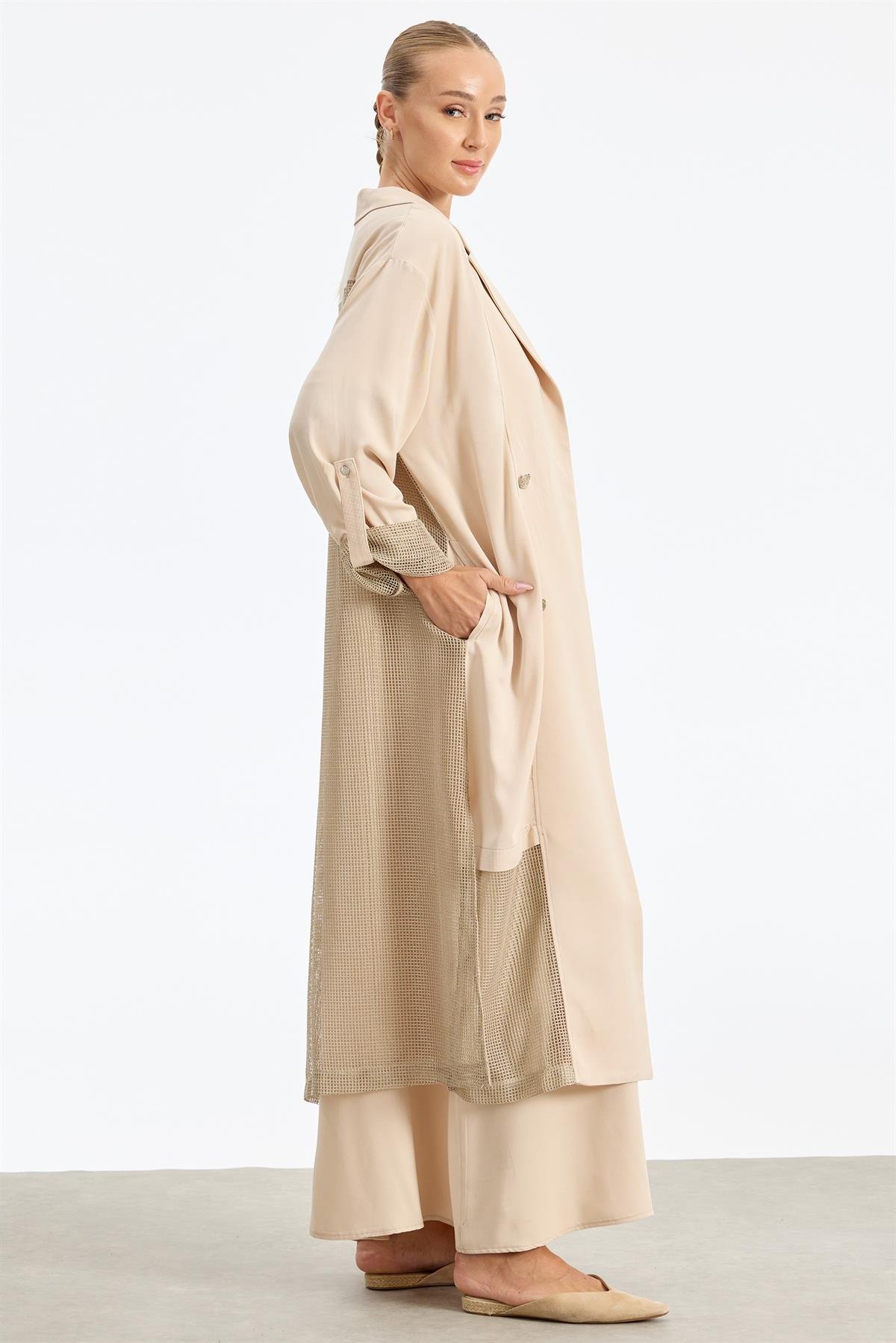 İçi Elbiseli File Detaylı İkili Takım BEJ