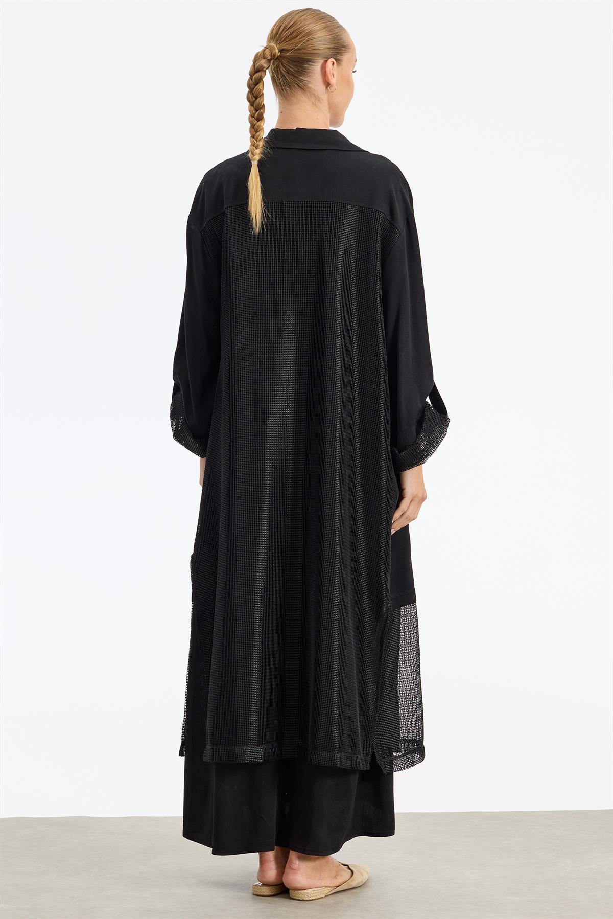 İçi Elbiseli File Detaylı İkili Takım SİYAH