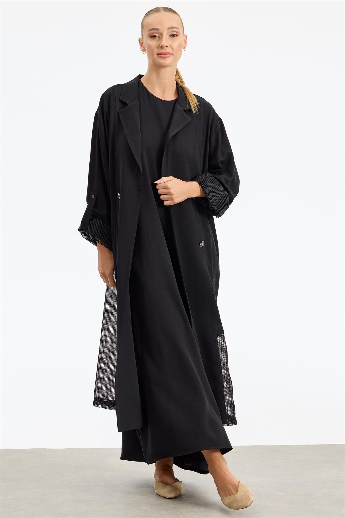 İçi Elbiseli File Detaylı İkili Takım SİYAH