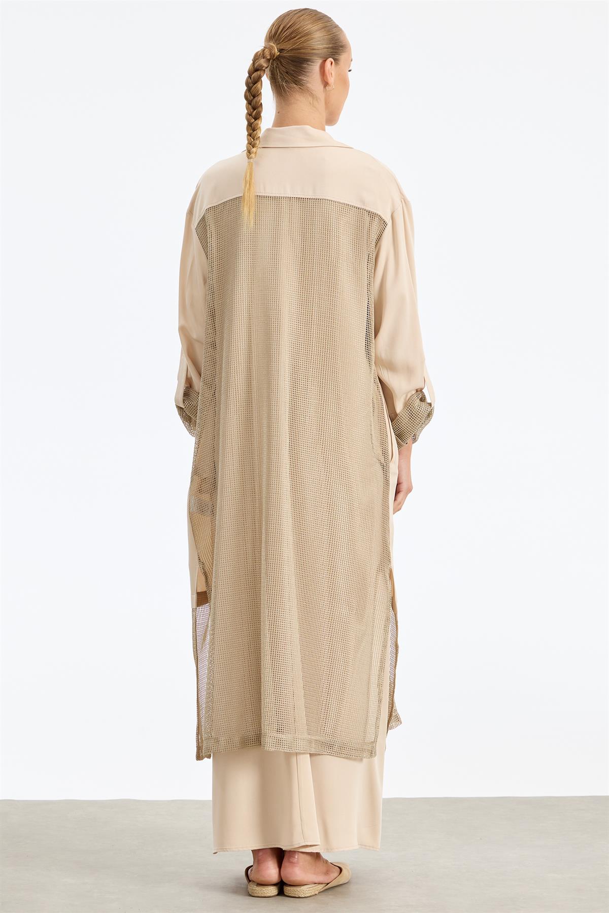 İçi Elbiseli File Detaylı İkili Takım BEJ