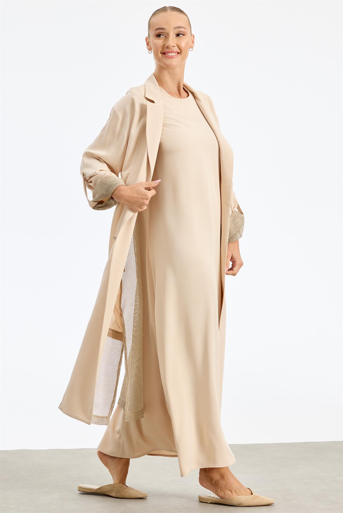 İçi Elbiseli File Detaylı İkili Takım BEJ