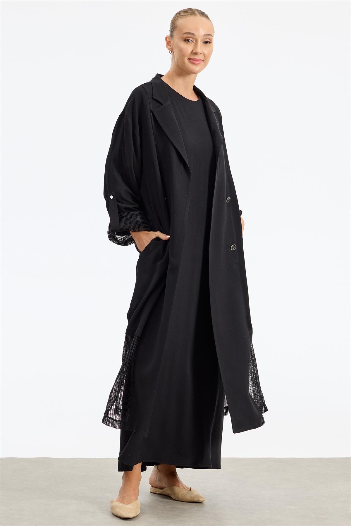 İçi Elbiseli File Detaylı İkili Takım SİYAH