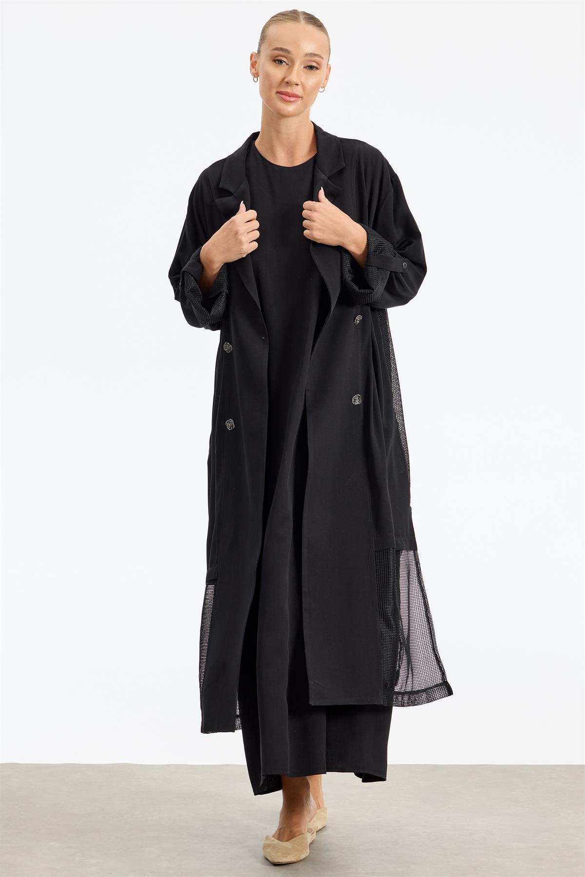 İçi Elbiseli File Detaylı İkili Takım SİYAH