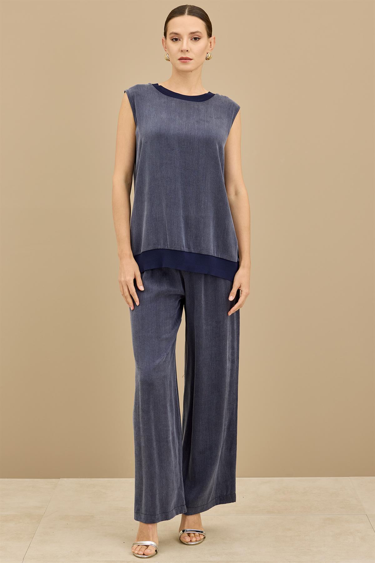 İçi Kolsuz Bluzlu 3lü Pantolonlu Takım LACİVERT