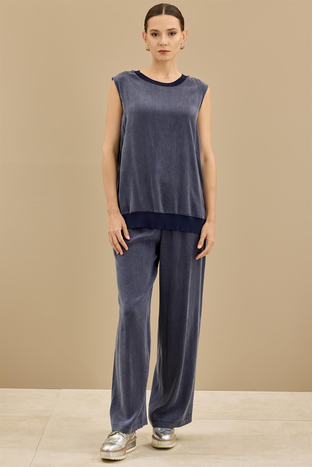 İçi Kolsuz Bluzlu Pantolonlu 3lü Set LACİVERT