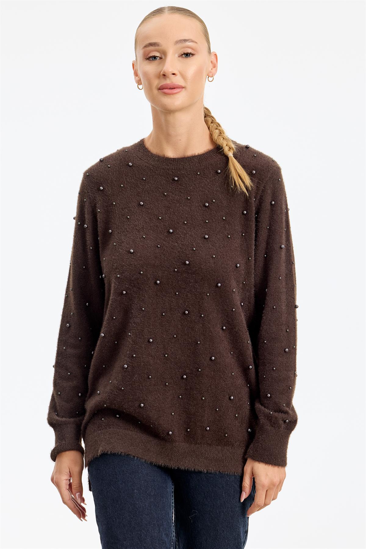 İnci Detaylı Triko Tunik KAHVE