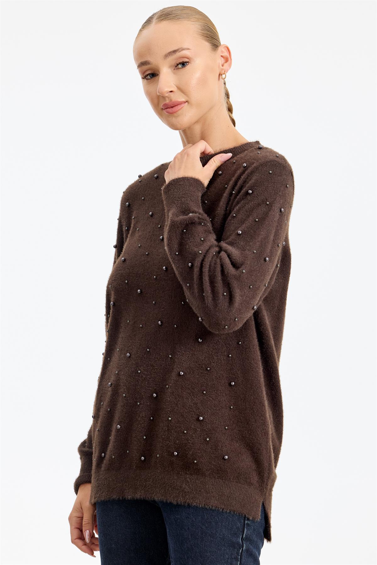 İnci Detaylı Triko Tunik KAHVE