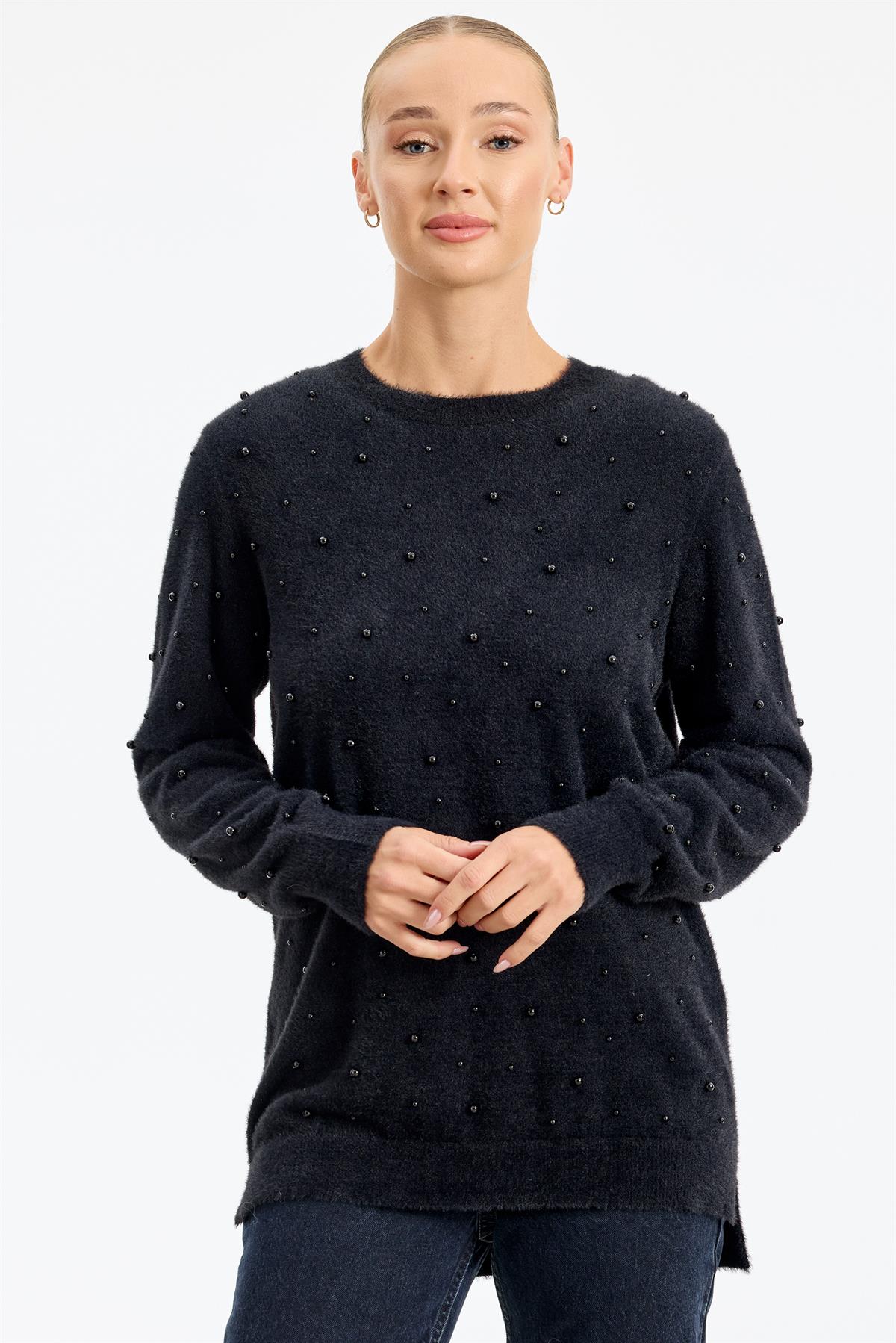 İnci Detaylı Triko Tunik SİYAH