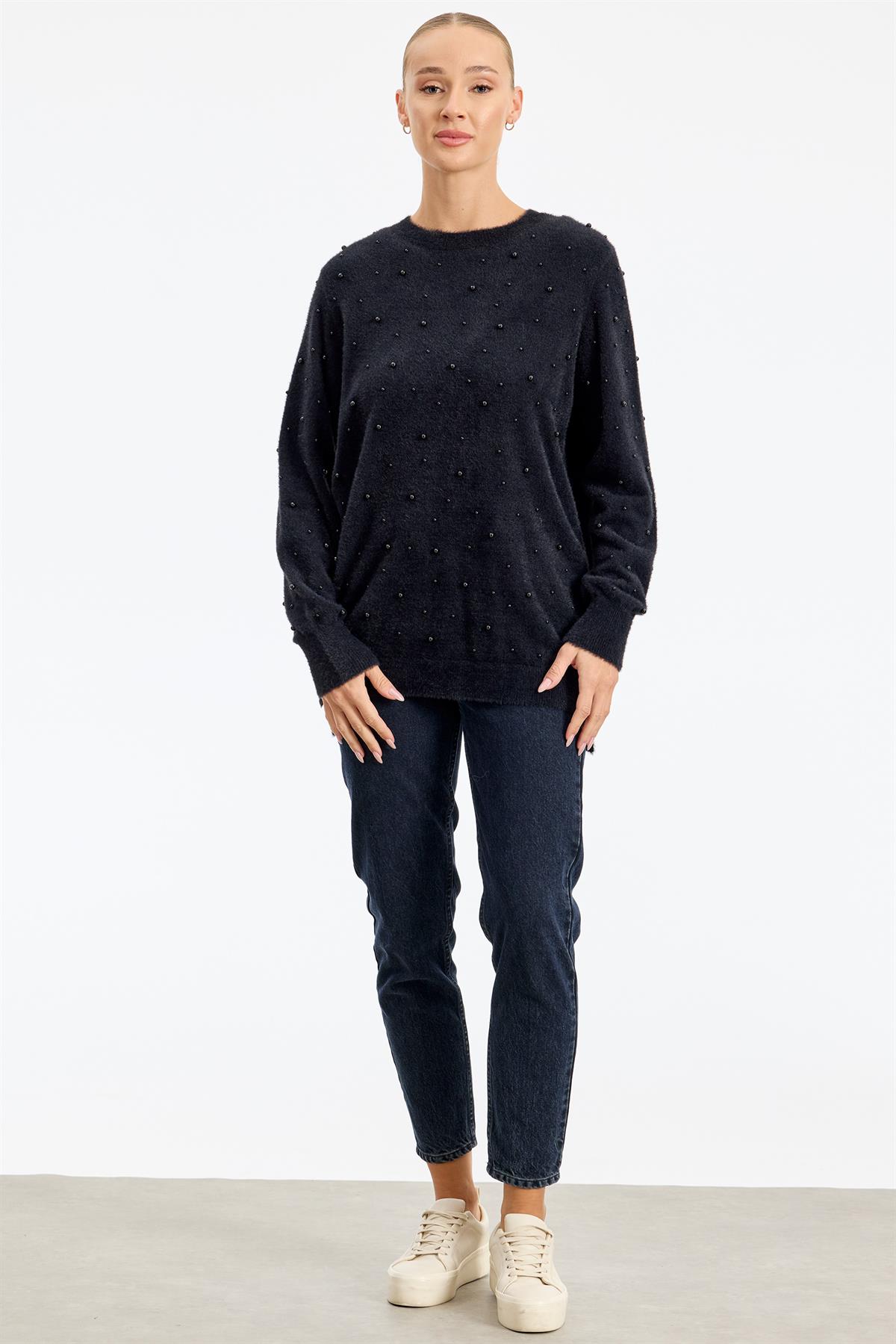 İnci Detaylı Triko Tunik SİYAH