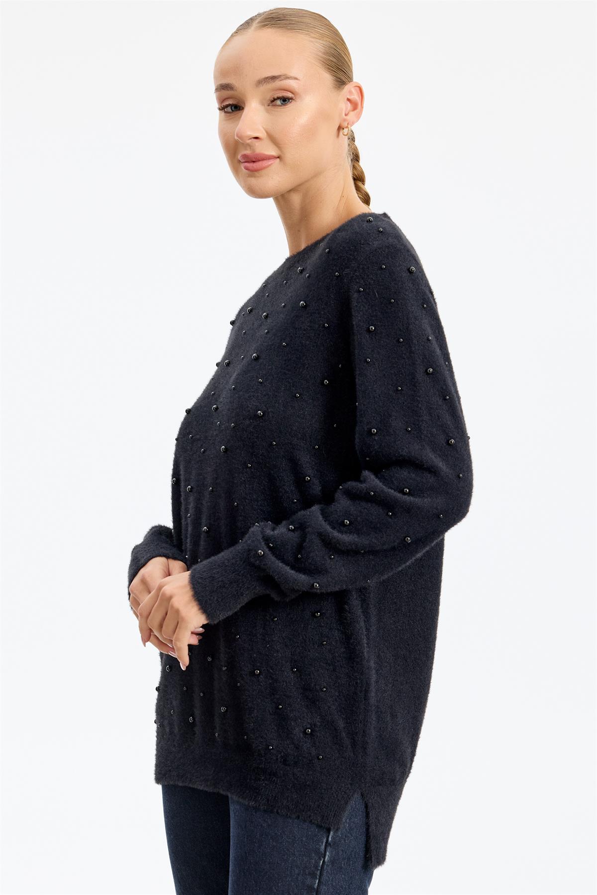 İnci Detaylı Triko Tunik SİYAH