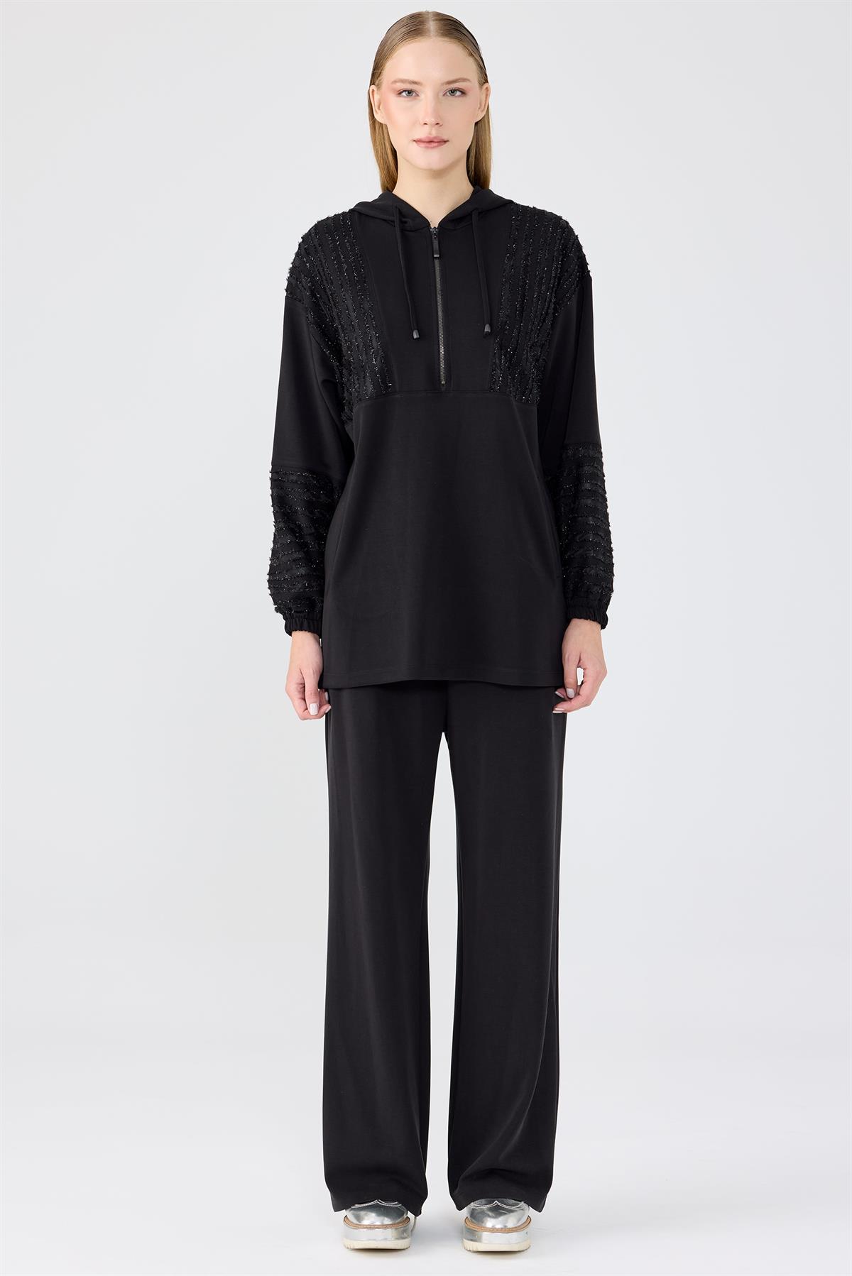 Kabartma File Kombinli Tunik Pantolon Takım SİYAH