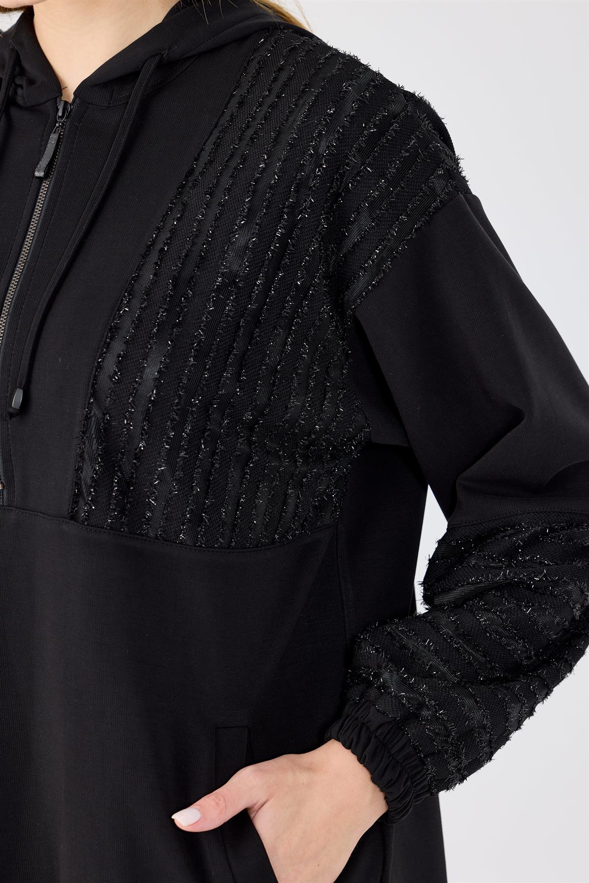 Kabartma File Kombinli Tunik Pantolon Takım SİYAH