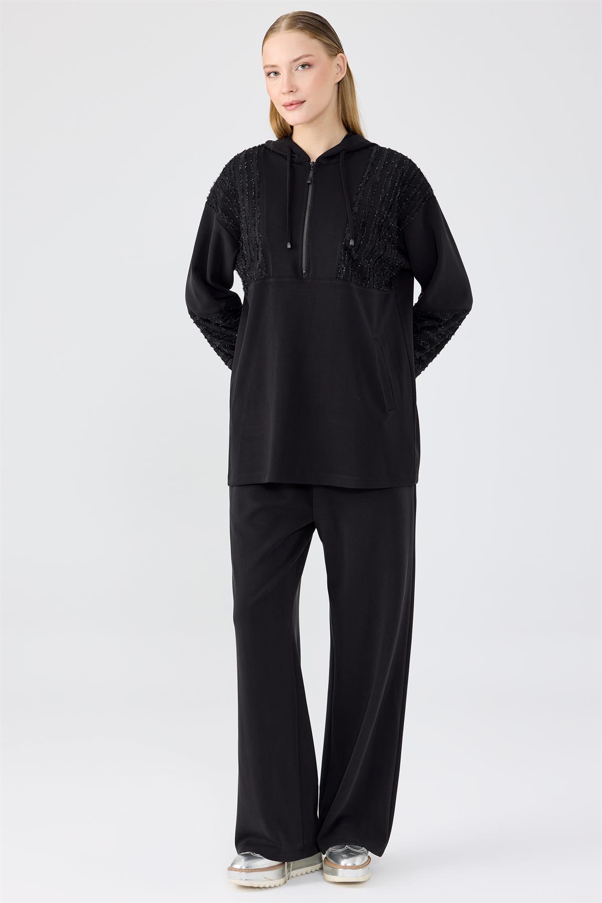 Kabartma File Kombinli Tunik Pantolon Takım SİYAH