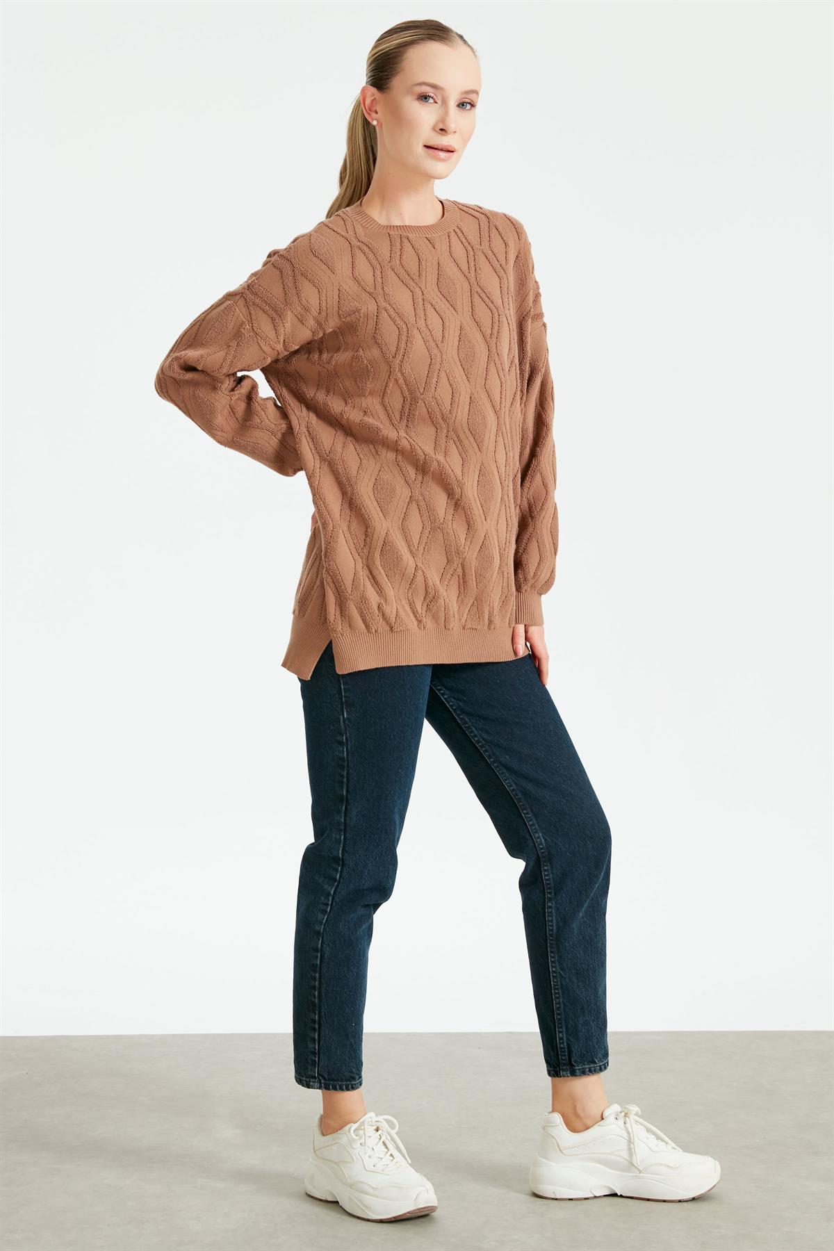 Kapartma Desenli Triko Tunik CAMEL